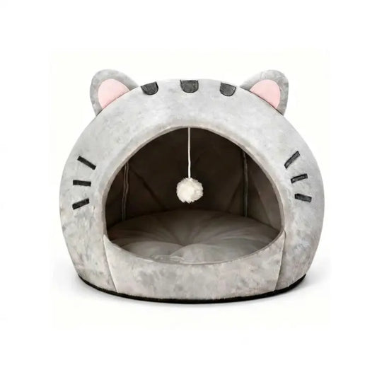 Cozy Semi-Enclosed Cat Cave Bed with Removable Pillow and Hanging Toy - Soft and Breathable Indoor Nest for Kittens