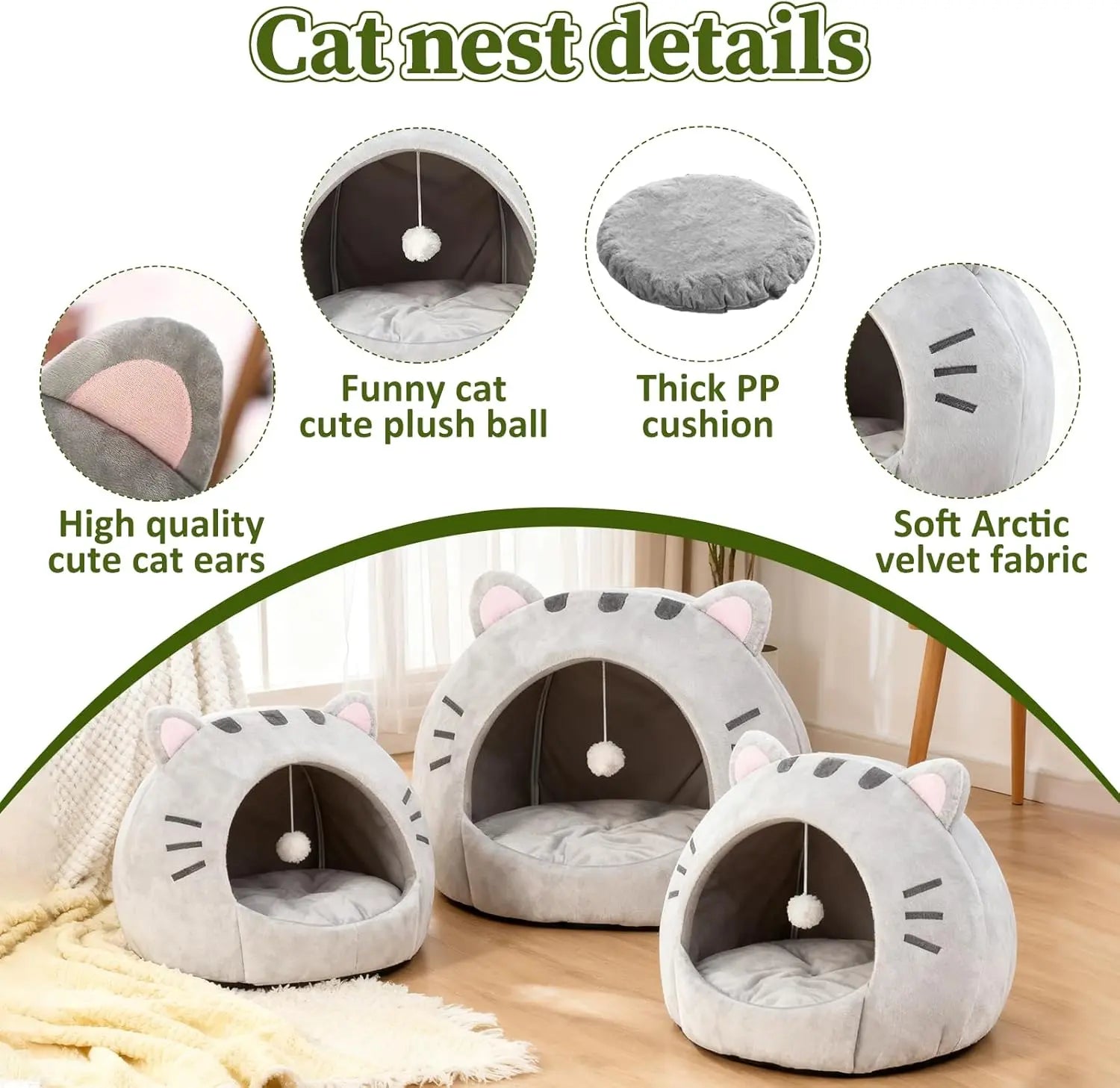 Cozy Semi-Enclosed Cat Cave Bed with Removable Pillow and Hanging Toy - Soft and Breathable Indoor Nest for Kittens