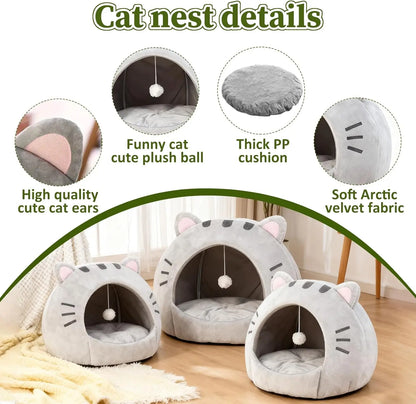 Cozy Semi-Enclosed Cat Cave Bed with Removable Pillow and Hanging Toy - Soft and Breathable Indoor Nest for Kittens