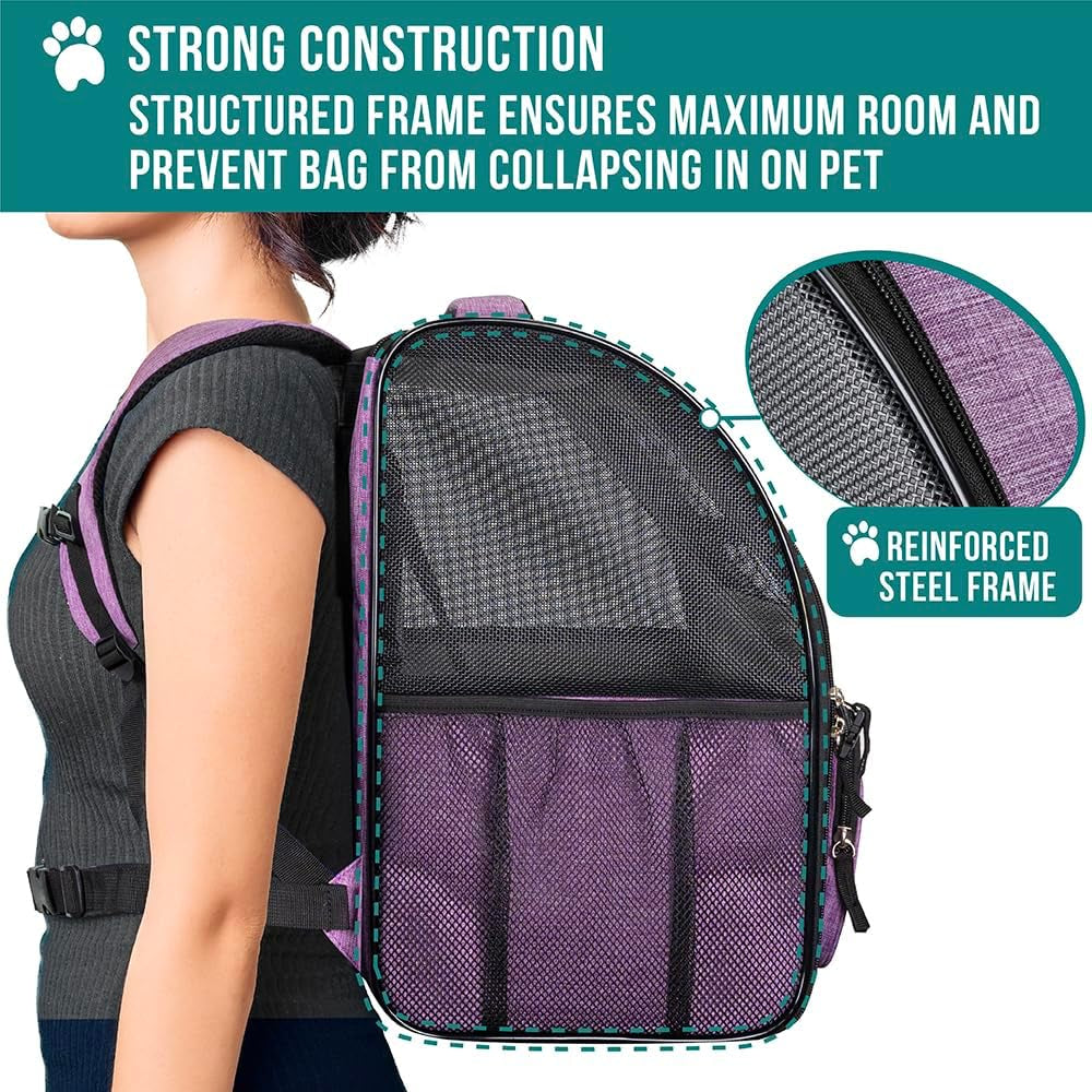 Ventilated Dog and Cat Backpack Carrier, Airline Approved for Pets up to 18 lbs, Ideal for Hiking, Camping, and Biking, Purple