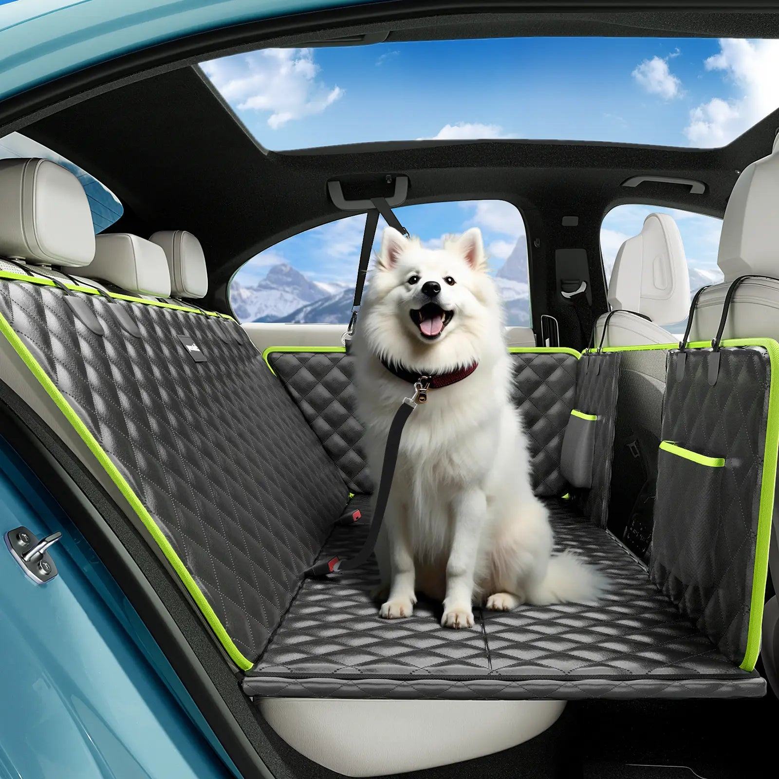 Pecute Waterproof Pet Car Seat Cover - Backseat Hammock with Mesh Window & Storage Pocket, Non-Slip 600D, Easy to Install and Washable for Cars and Trucks