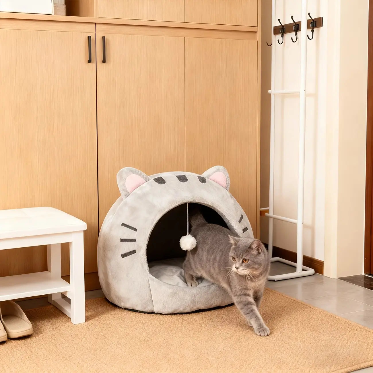 Cozy Semi-Enclosed Cat Cave Bed with Removable Pillow and Hanging Toy - Soft and Breathable Indoor Nest for Kittens