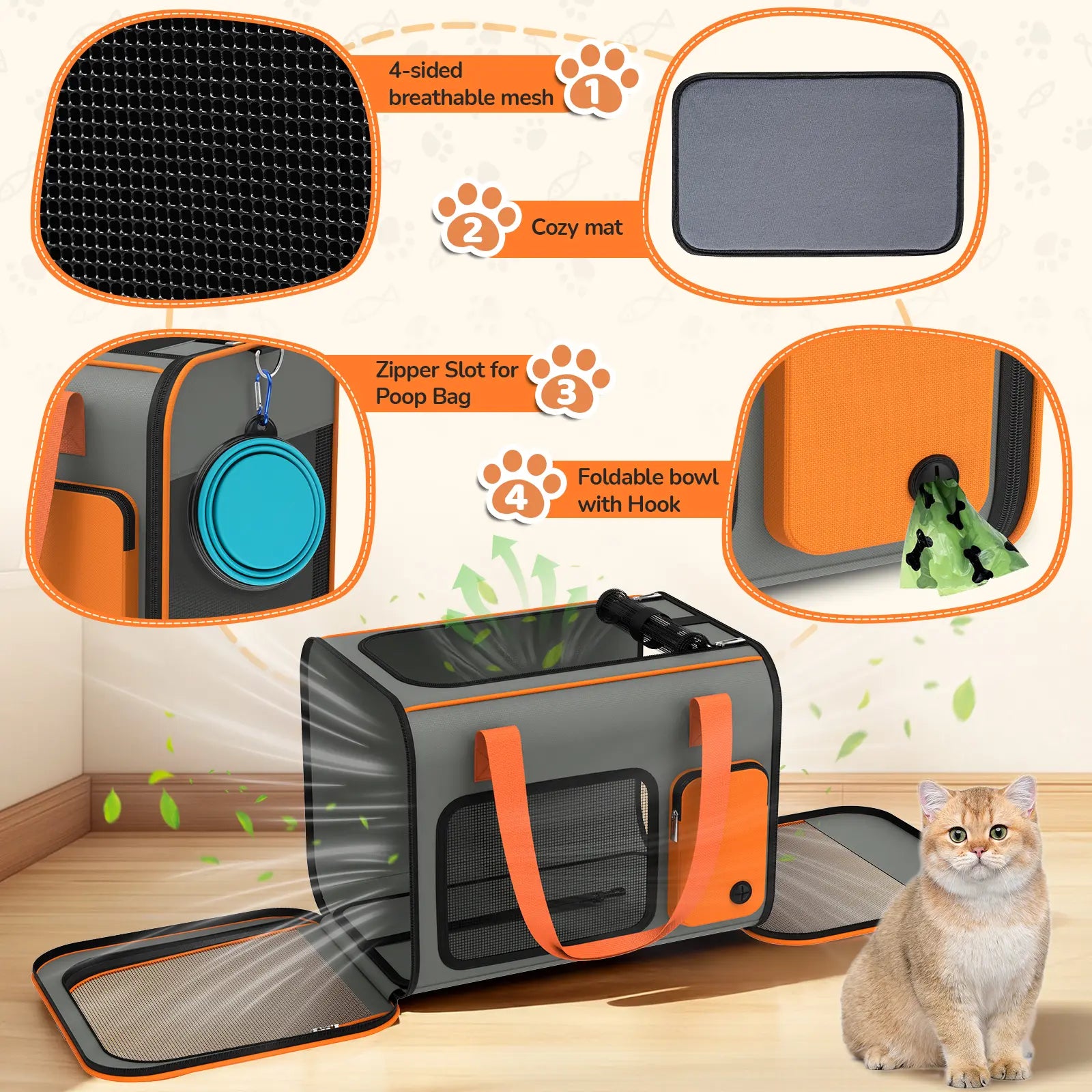 Portable Pet Carrier with Foldable Design for Convenient Storage, Removable and Washable Padded Bottom, Integrated Safety Buckle, Breathable Mesh Construction, Includes Handle and Adjustable Shoulder Strap.