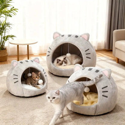 Cozy Semi-Enclosed Cat Cave Bed with Removable Pillow and Hanging Toy - Soft and Breathable Indoor Nest for Kittens