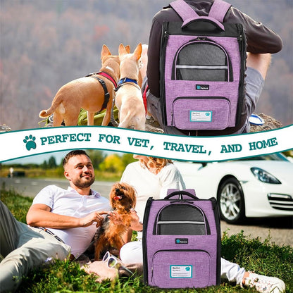 Ventilated Dog and Cat Backpack Carrier, Airline Approved for Pets up to 18 lbs, Ideal for Hiking, Camping, and Biking, Purple
