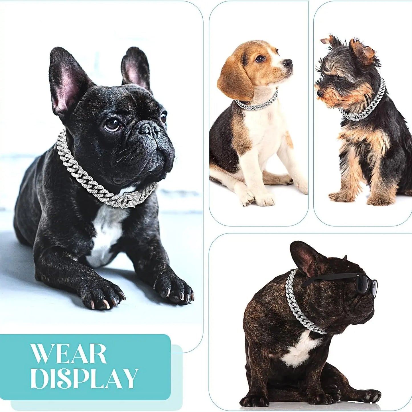 Silver Diamond Cuban Link Dog Collar - 13mm Wide Metal Accessory for Small to Large Dogs and Cats (16 Inches)