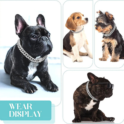 Silver Diamond Cuban Link Dog Collar - 13mm Wide Metal Accessory for Small to Large Dogs and Cats (16 Inches)
