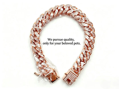 Rose Gold Diamond-Embellished Cuban-Style Cat Chain for Medium and Small Cats with Secure Buckle; Elegant Pet Jewelry Accessory