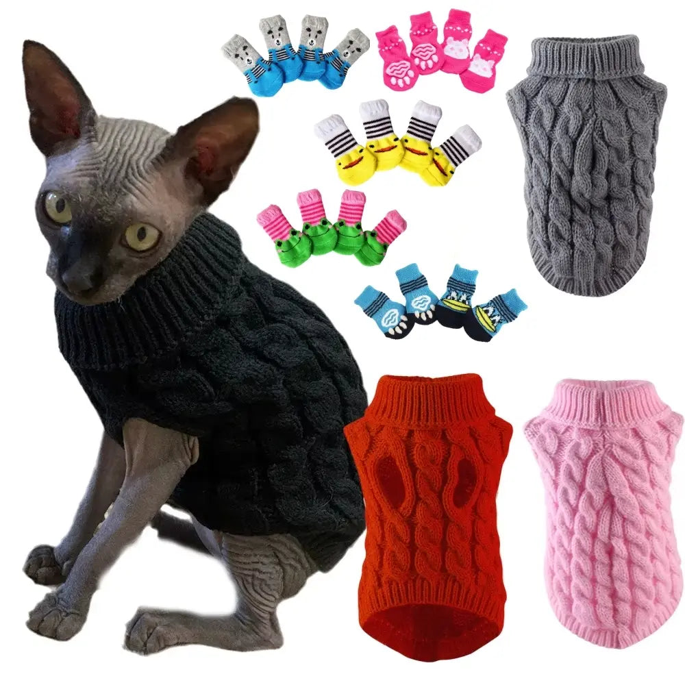 5-Piece Cozy Knitted Sweater Set for Cats and Dogs with 4 Matching Socks - Soft and Warm Pullover for Small Pets, Available in 5 Colors, Machine Washable, Ideal for Winter and Autumn