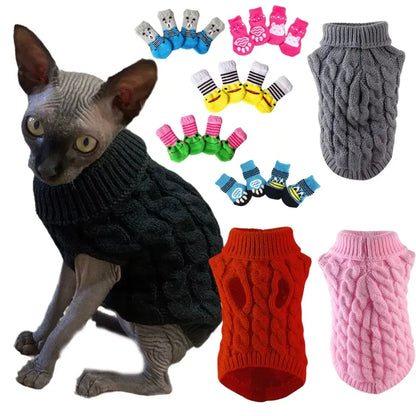 5-Piece Cozy Knitted Sweater Set for Cats and Dogs with 4 Matching Socks - Soft and Warm Pullover for Small Pets, Available in 5 Colors, Machine Washable, Ideal for Winter and Autumn