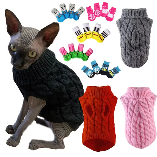 5-Piece Cozy Knitted Sweater Set for Cats and Dogs with 4 Matching Socks - Soft and Warm Pullover for Small Pets, Available in 5 Colors, Machine Washable, Ideal for Winter and Autumn