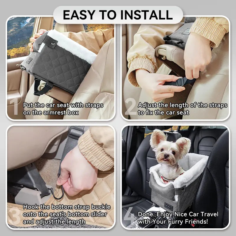 PETSFIT Center Console Dog Car Seat with Enhanced Safety Features, Washable Cushion, and 5-Year Warranty for Small Dogs Up to 8 lbs (Grey)