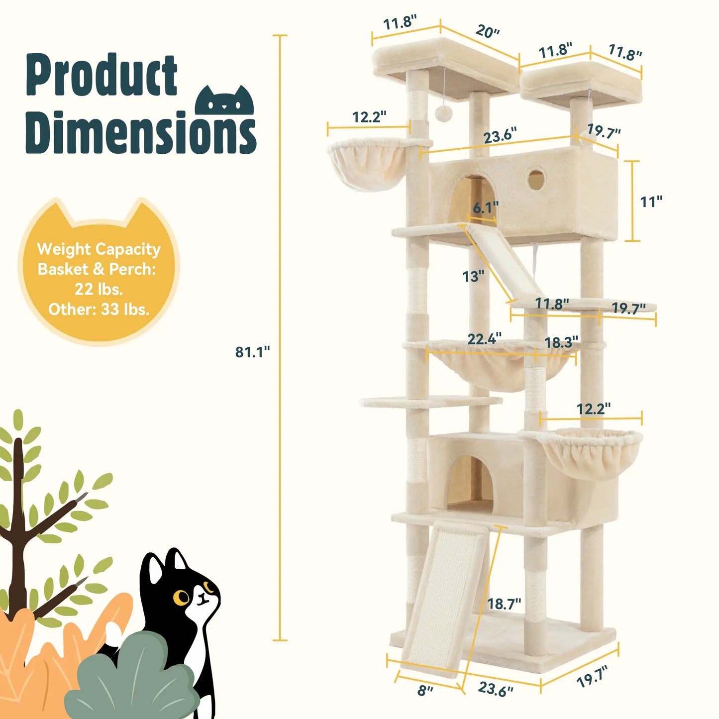 HOOMIC 81-Inch Large Cat Tree Tower - Multi-Level Climbing Structure with Condo, Hammock, and Scratching Post for Larger Cats, Available in Various Colors and Patterns