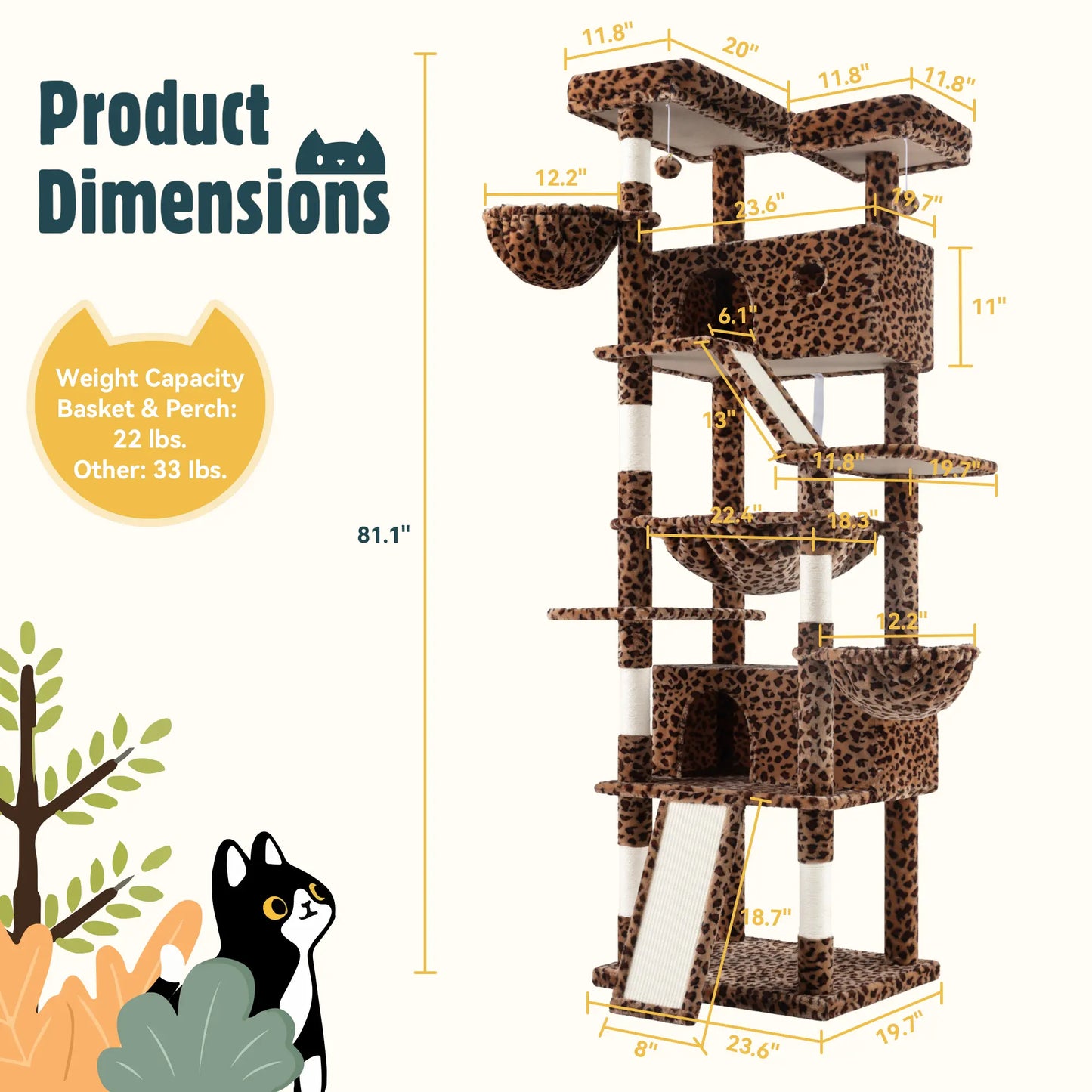 HOOMIC 81-Inch Large Cat Tree Tower - Multi-Level Climbing Structure with Condo, Hammock, and Scratching Post for Larger Cats, Available in Various Colors and Patterns