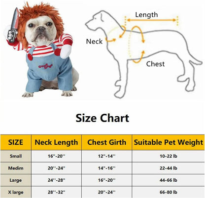 Chucky-Inspired Pet Costume with Wig and Knife Accessory for Dogs and Cats – Creative Halloween Outfit for Small, Medium, and Large Pets