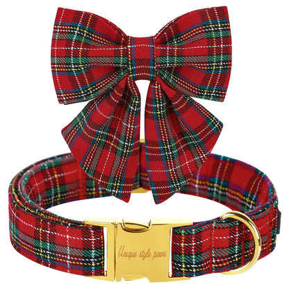 Elegant Plaid Dog Collar with Bow Tie - Adjustable Christmas Scottish Tartan Collar for Small, Medium, and Large Dogs, Perfect Holiday Gift for Pets