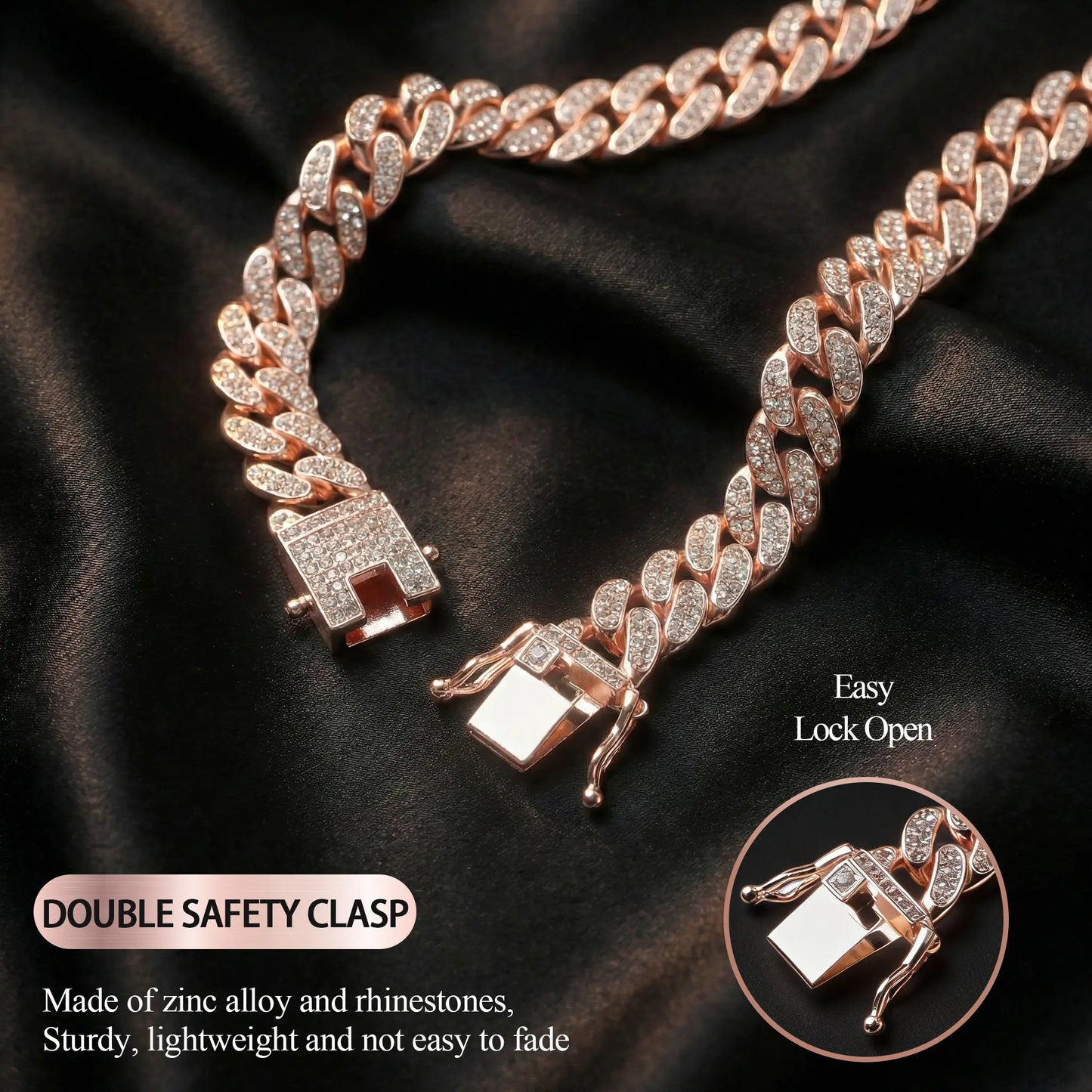 Rose Gold Diamond-Embellished Cuban-Style Cat Chain for Medium and Small Cats with Secure Buckle; Elegant Pet Jewelry Accessory