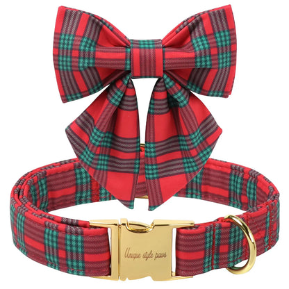 Elegant Plaid Dog Collar with Bow Tie - Adjustable Christmas Scottish Tartan Collar for Small, Medium, and Large Dogs, Perfect Holiday Gift for Pets