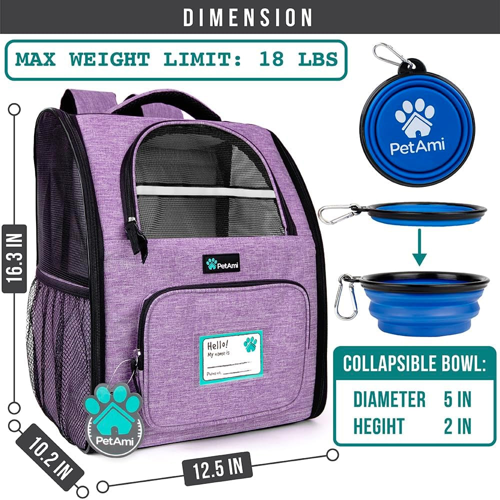 Ventilated Dog and Cat Backpack Carrier, Airline Approved for Pets up to 18 lbs, Ideal for Hiking, Camping, and Biking, Purple