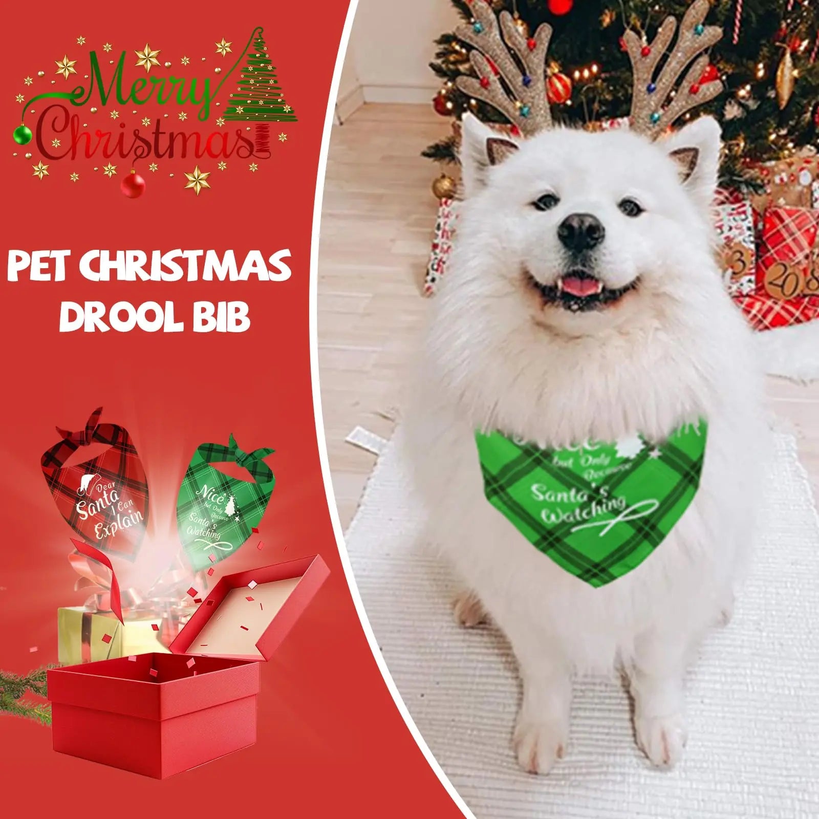 Christmas Pet Bandanas - Set of 2, Festive Plaid Scarves for Medium and Large Dogs