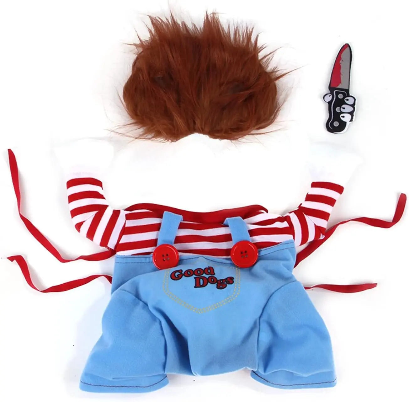 Chucky-Inspired Pet Costume with Wig and Knife Accessory for Dogs and Cats – Creative Halloween Outfit for Small, Medium, and Large Pets