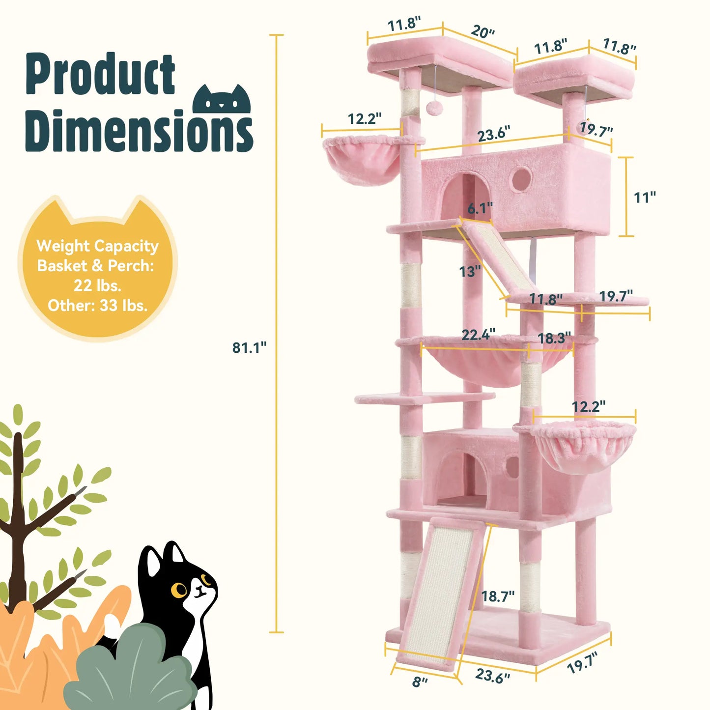 HOOMIC 81-Inch Large Cat Tree Tower - Multi-Level Climbing Structure with Condo, Hammock, and Scratching Post for Larger Cats, Available in Various Colors and Patterns
