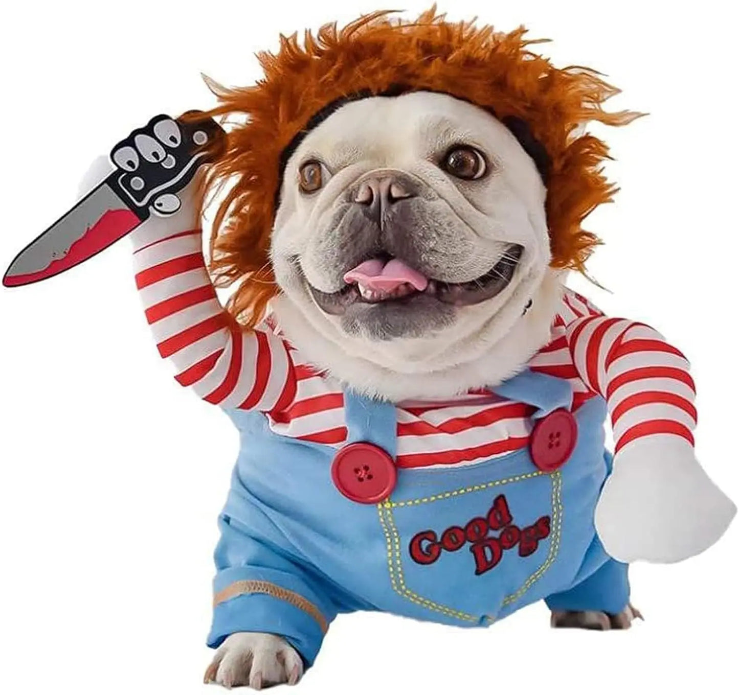 Chucky-Inspired Pet Costume with Wig and Knife Accessory for Dogs and Cats – Creative Halloween Outfit for Small, Medium, and Large Pets