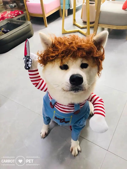 Chucky-Inspired Pet Costume with Wig and Knife Accessory for Dogs and Cats – Creative Halloween Outfit for Small, Medium, and Large Pets