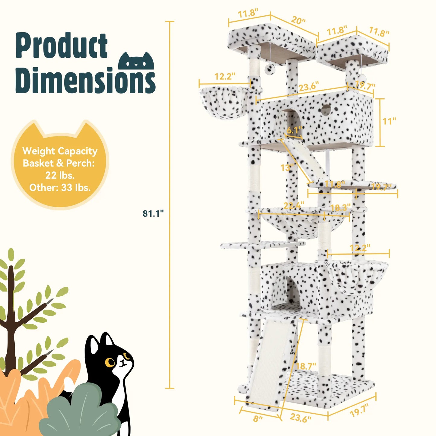 HOOMIC 81-Inch Large Cat Tree Tower - Multi-Level Climbing Structure with Condo, Hammock, and Scratching Post for Larger Cats, Available in Various Colors and Patterns