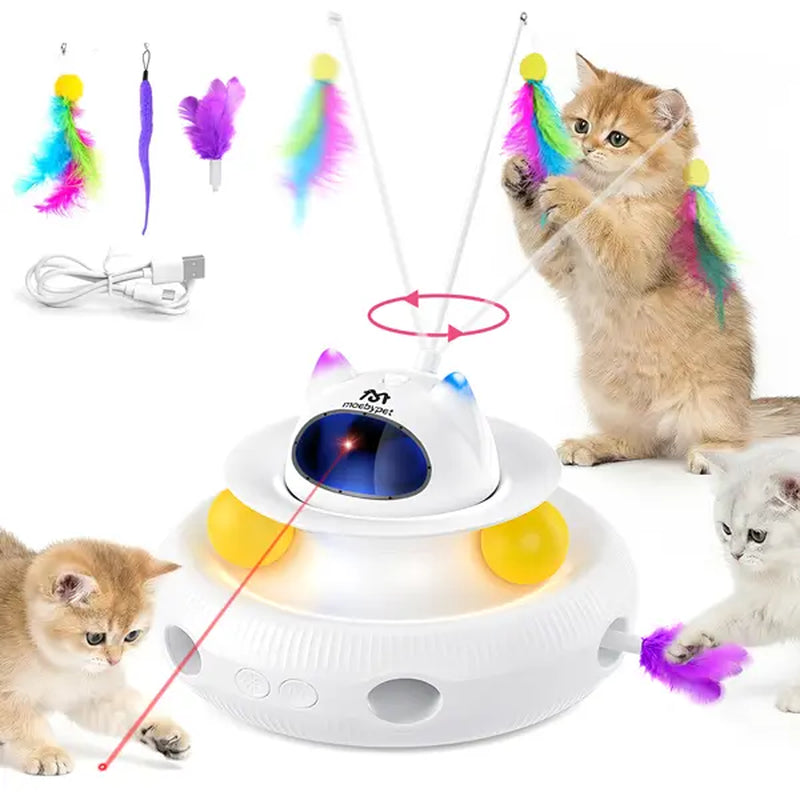 5-in-1 Interactive Cat Toy: Automatic Light Pointer and Rotating Feather Teaser for Engaging Indoor Play