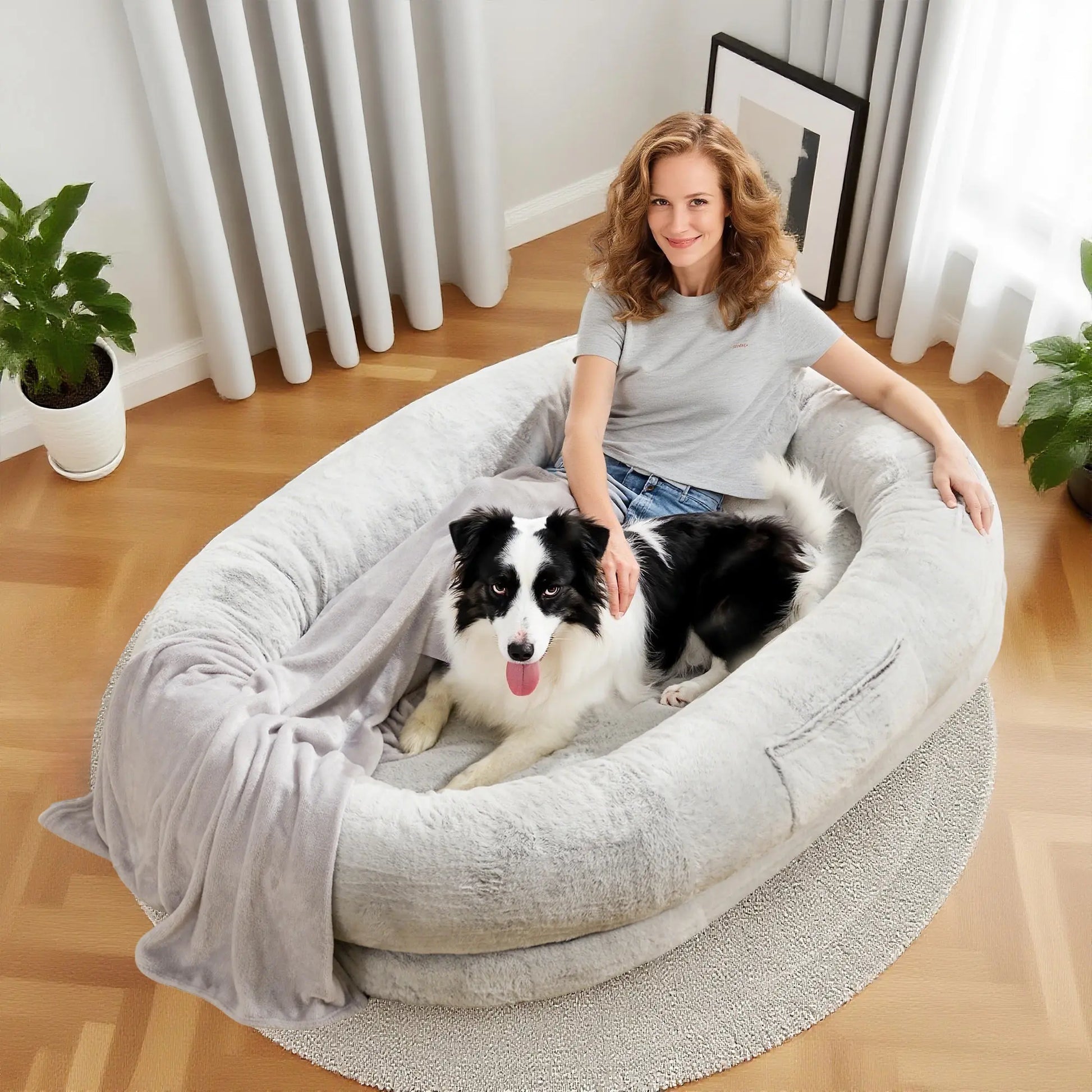 Extra Large Orthopedic Faux Fur Dog Bed for Adults and Pets – Comfortable Lounger with Pillow and Blanket, Washable Nap Bed, Ideal for Senior and Disabled Dogs, Perfect Gift for Pet Enthusiasts