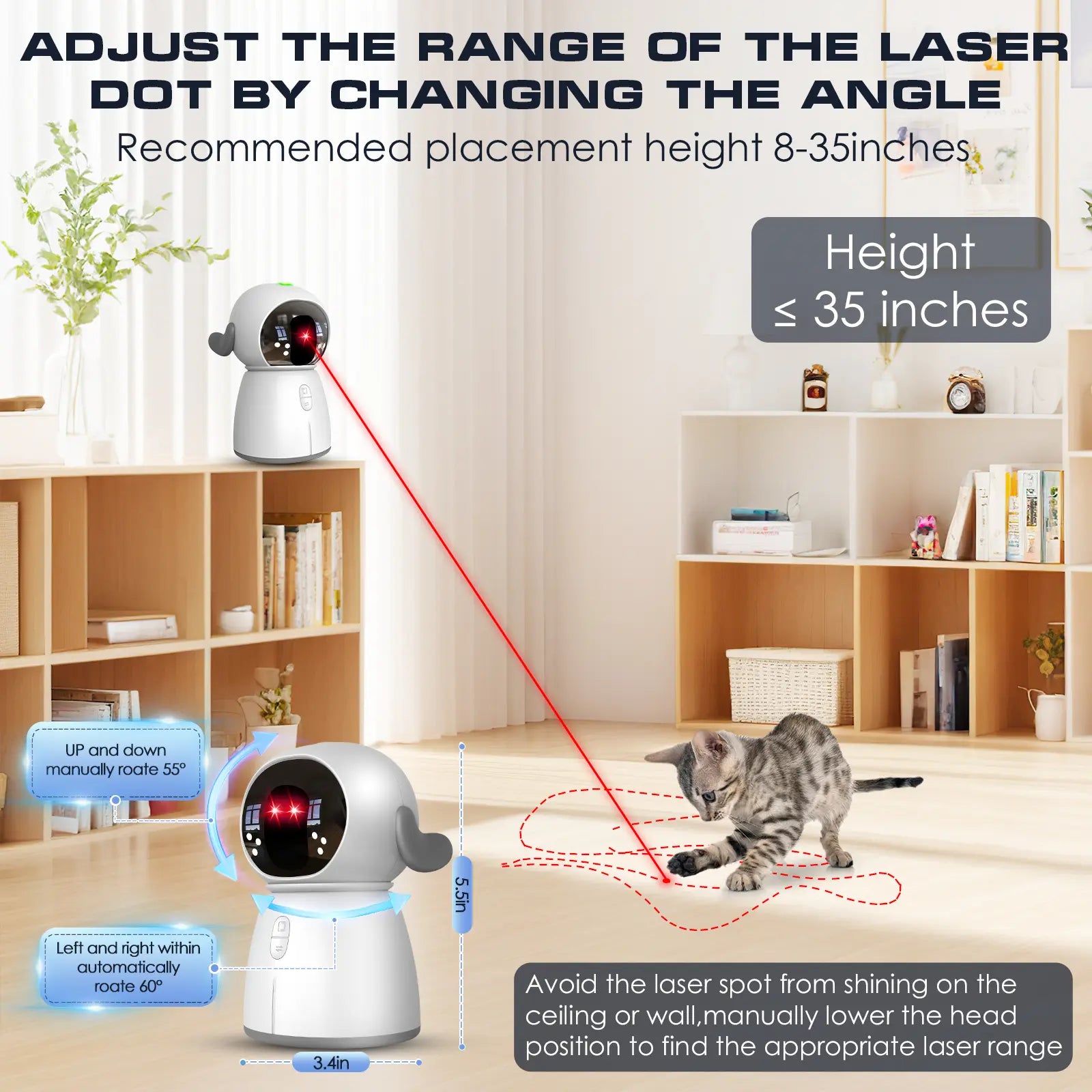 Interactive Rechargeable Cat Laser Toy 2026 for Indoor Cats and Kittens - Motion Activated with Adjustable Angle and Dual Patterns for Enhanced Exercise and Play for Multiple Pets