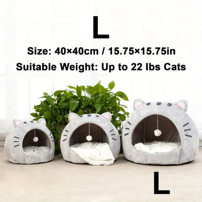 Cozy Semi-Enclosed Cat Cave Bed with Removable Pillow and Hanging Toy - Soft and Breathable Indoor Nest for Kittens