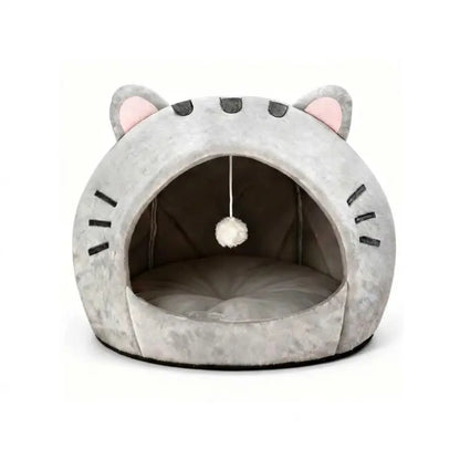 Cozy Semi-Enclosed Cat Cave Bed with Removable Pillow and Hanging Toy - Soft and Breathable Indoor Nest for Kittens