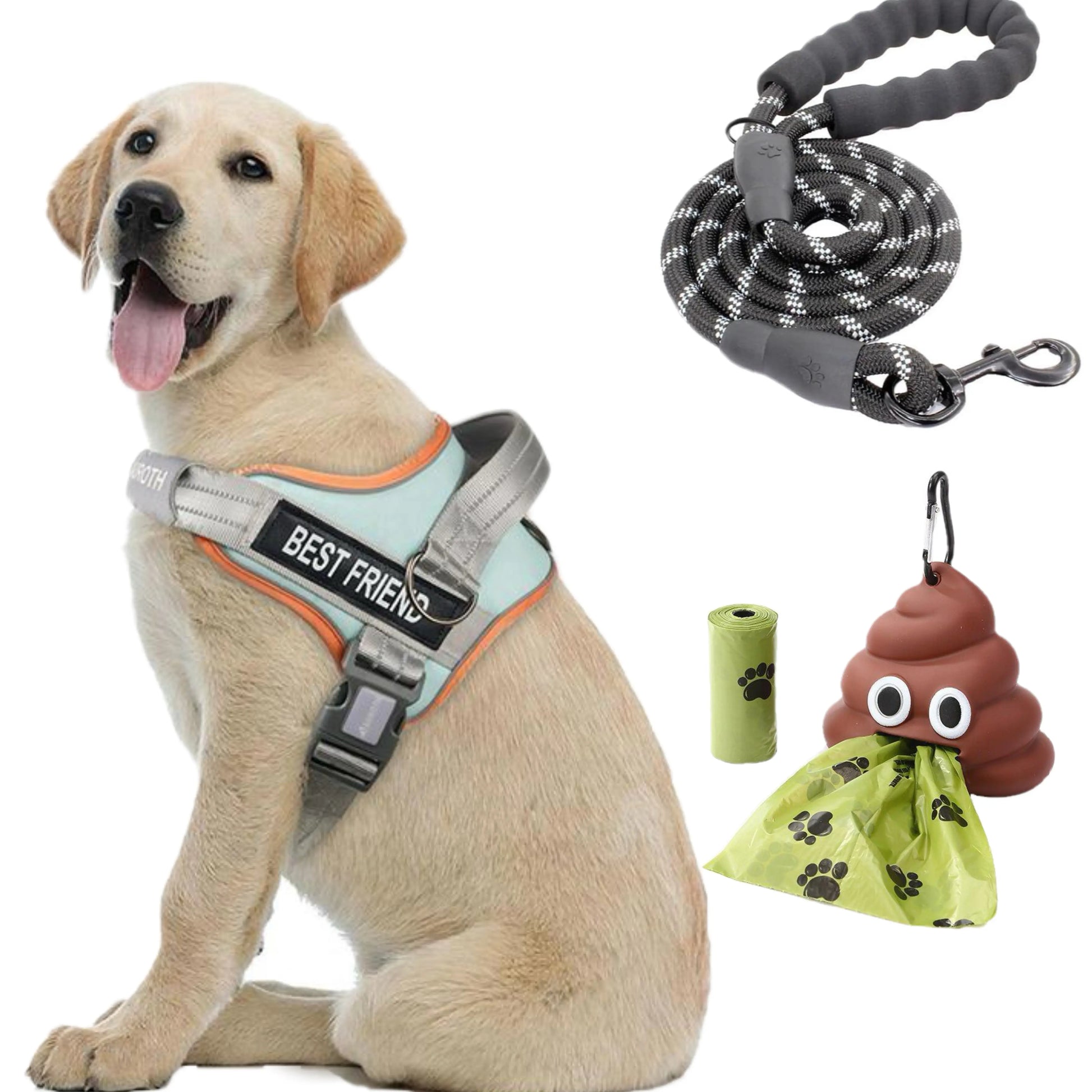 【#Summervibes #Petlovers】Auroth No Pull Dog Harness and Leash Combo with Cute Poop Bag Holder, Reflective Adjustable Soft Padded Safety Harness, Dog Poop Bag Dispenser with 1 Roll 15 Bags, Dog Walking & Training Kit for Small Medium Large Dogs