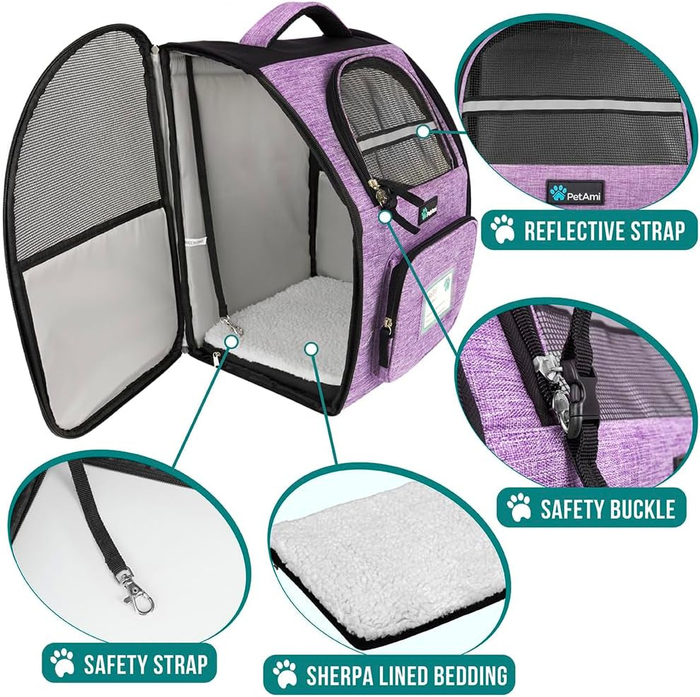 Ventilated Dog and Cat Backpack Carrier, Airline Approved for Pets up to 18 lbs, Ideal for Hiking, Camping, and Biking, Purple
