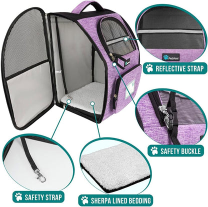 Ventilated Dog and Cat Backpack Carrier, Airline Approved for Pets up to 18 lbs, Ideal for Hiking, Camping, and Biking, Purple