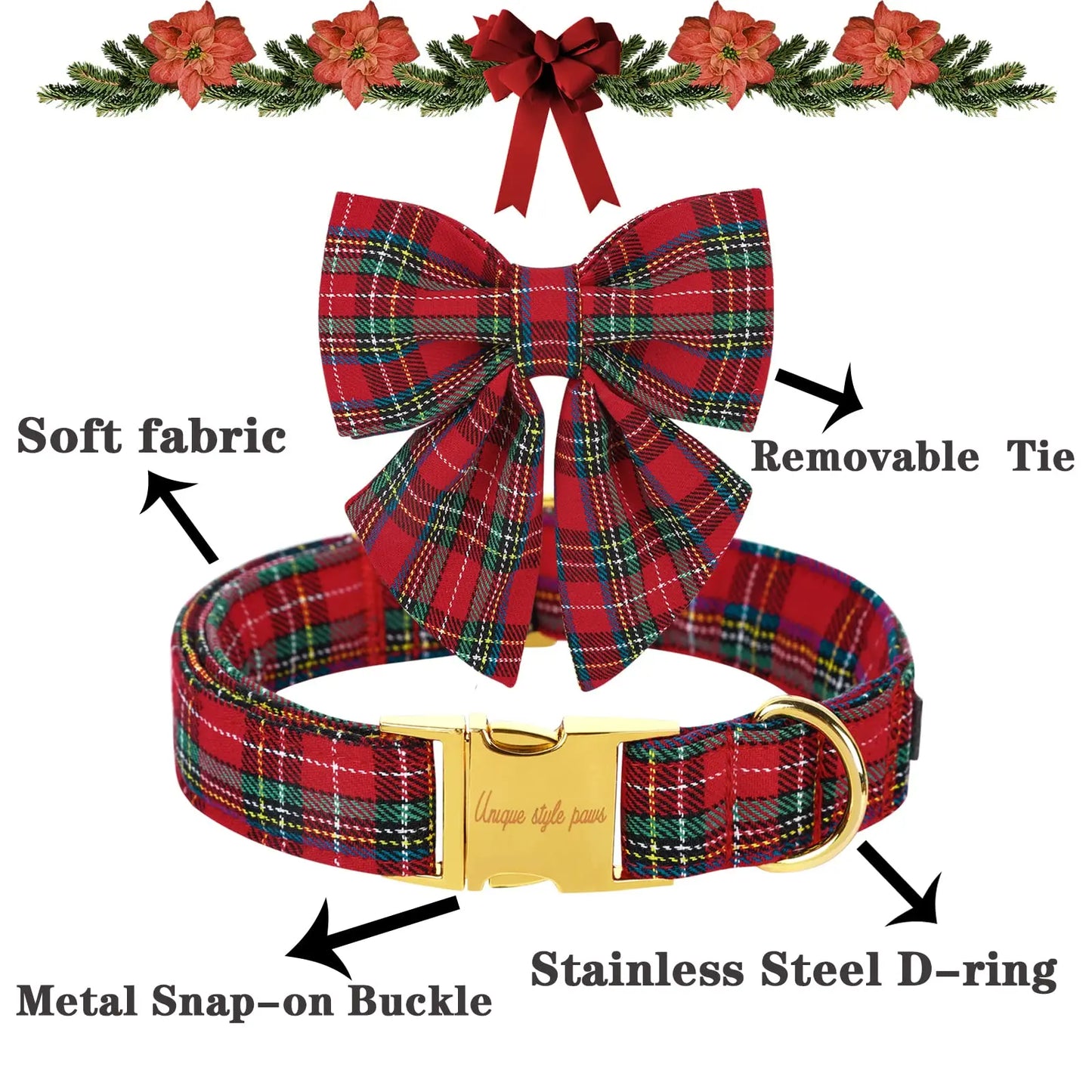 Elegant Plaid Dog Collar with Bow Tie - Adjustable Christmas Scottish Tartan Collar for Small, Medium, and Large Dogs, Perfect Holiday Gift for Pets