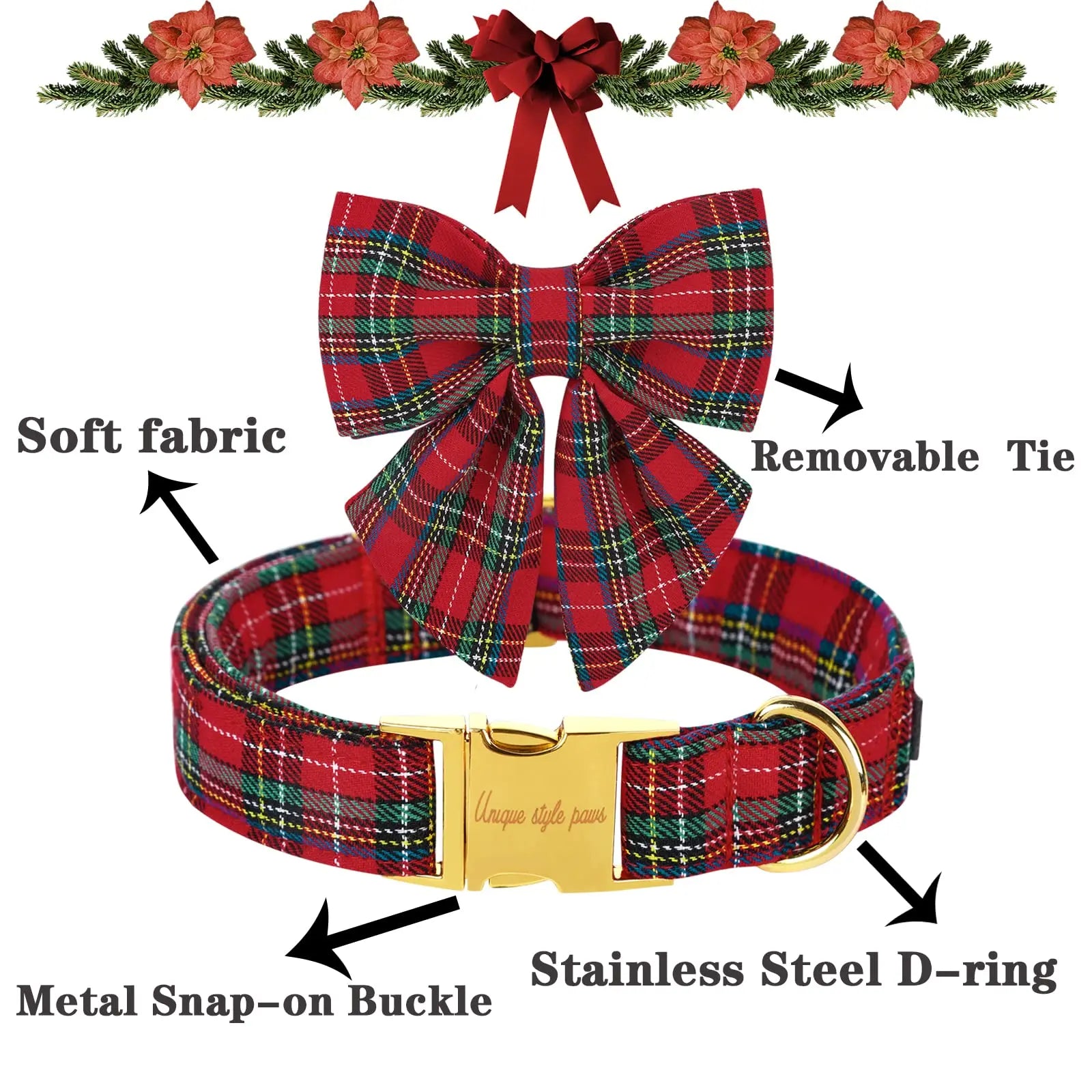 Elegant Plaid Dog Collar with Bow Tie - Adjustable Christmas Scottish Tartan Collar for Small, Medium, and Large Dogs, Perfect Holiday Gift for Pets