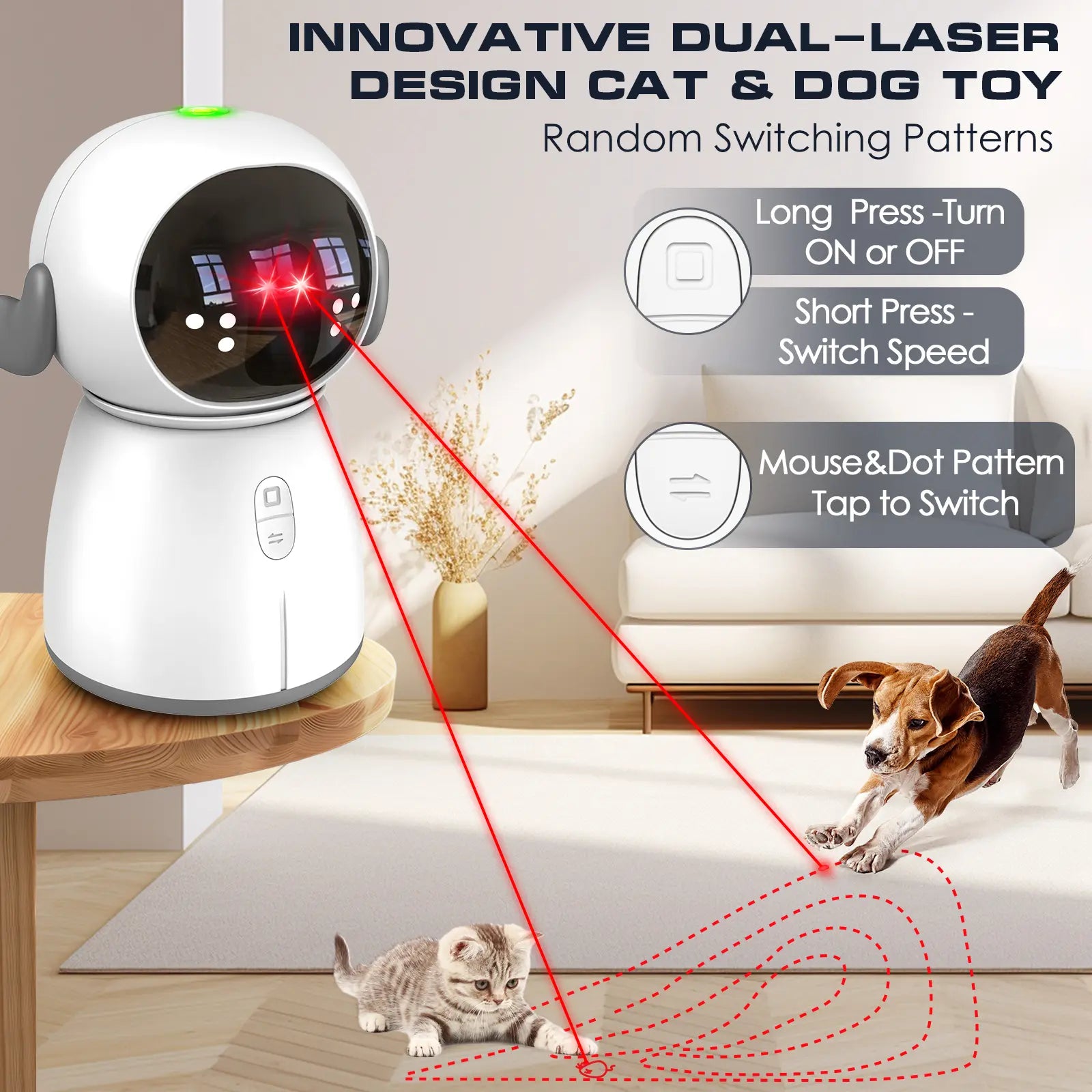Interactive Rechargeable Cat Laser Toy 2026 for Indoor Cats and Kittens - Motion Activated with Adjustable Angle and Dual Patterns for Enhanced Exercise and Play for Multiple Pets