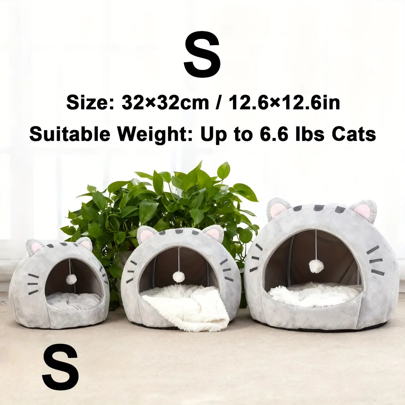 Cozy Semi-Enclosed Cat Cave Bed with Removable Pillow and Hanging Toy - Soft and Breathable Indoor Nest for Kittens