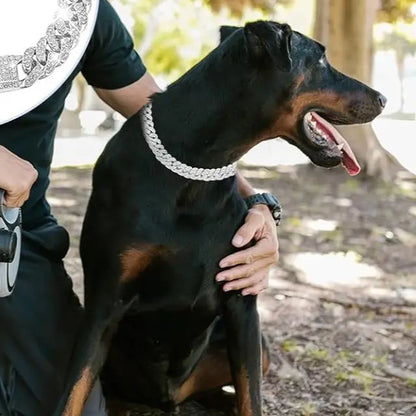 Silver Diamond Cuban Link Dog Collar - 13mm Wide Metal Accessory for Small to Large Dogs and Cats (16 Inches)