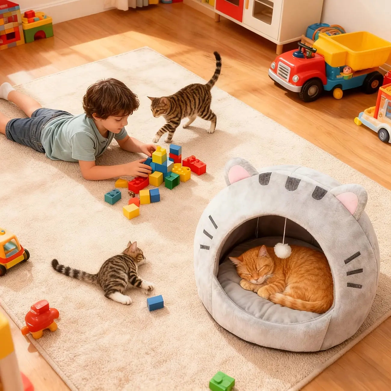 Cozy Semi-Enclosed Cat Cave Bed with Removable Pillow and Hanging Toy - Soft and Breathable Indoor Nest for Kittens
