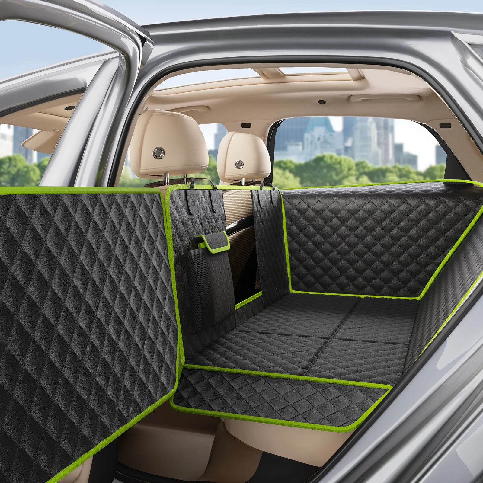 Pecute Waterproof Pet Car Seat Cover - Backseat Hammock with Mesh Window & Storage Pocket, Non-Slip 600D, Easy to Install and Washable for Cars and Trucks